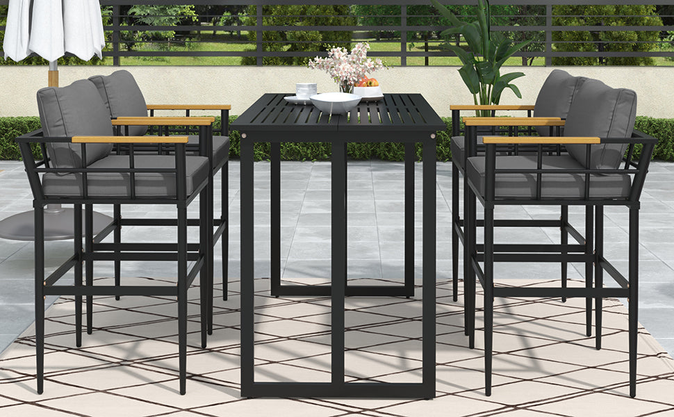 Iron Outdoor Dining Set With Acacia Wood Armrest Suitable for Patio, Balcony or Backyard