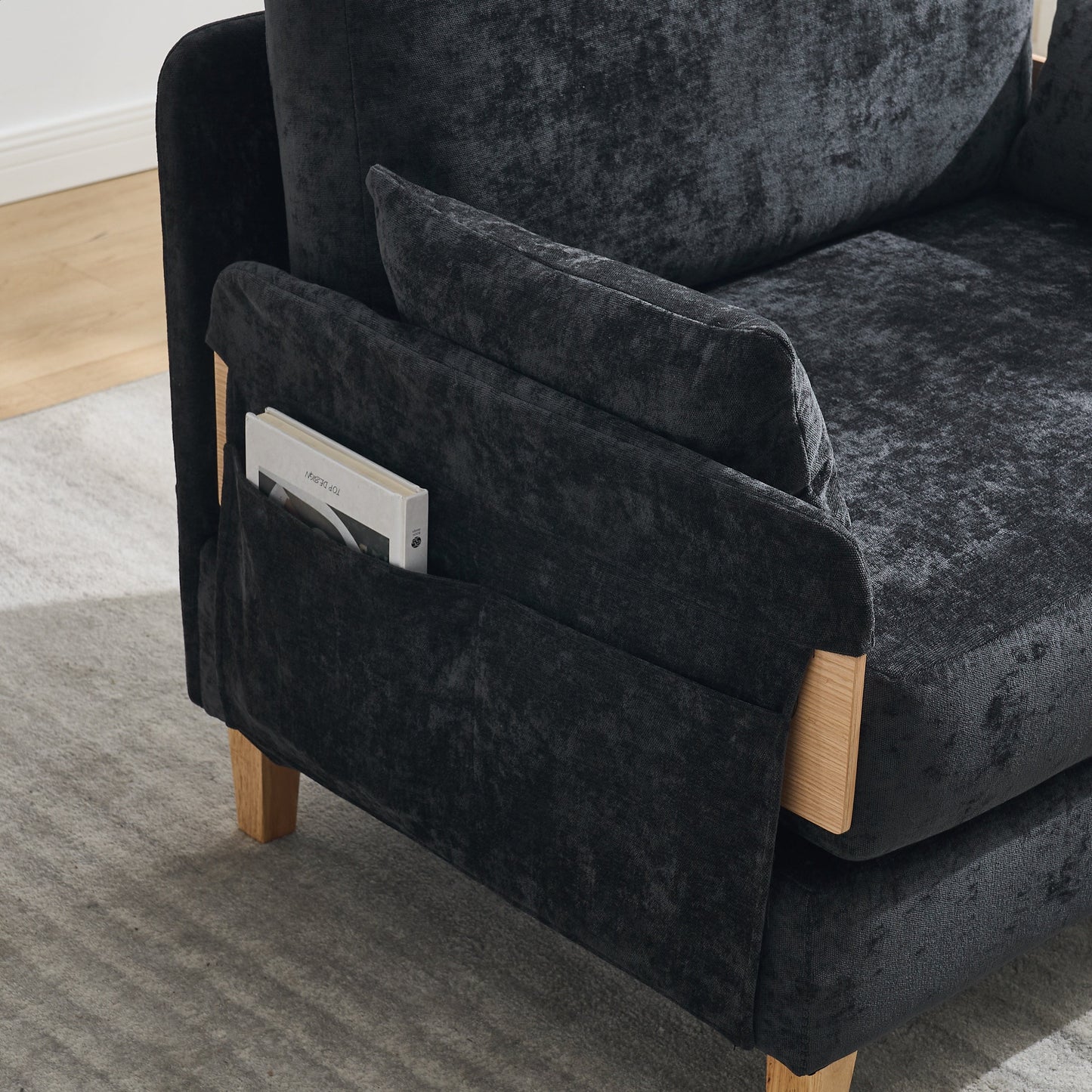 Mid-Century Modern Foldable Sofa Bed Recliner, 3-In-1 Convertible Sleeper With Three Pillows, Black Chenille for Small S