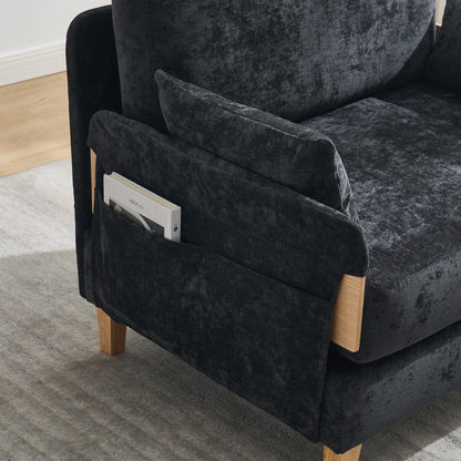 Mid-Century Modern Foldable Sofa Bed Recliner, 3-In-1 Convertible Sleeper With Three Pillows, Black Chenille for Small S