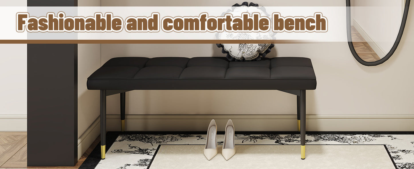 47*16 Inch Multifunctional Black Shoe Bench - Faux PU Cushion, Sturdy Metal Legs With Gold Accents.Suitable for Bedroom,