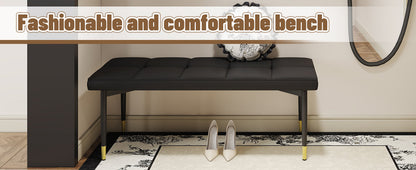 47*16 Inch Multifunctional Black Shoe Bench - Faux PU Cushion, Sturdy Metal Legs With Gold Accents.Suitable for Bedroom,