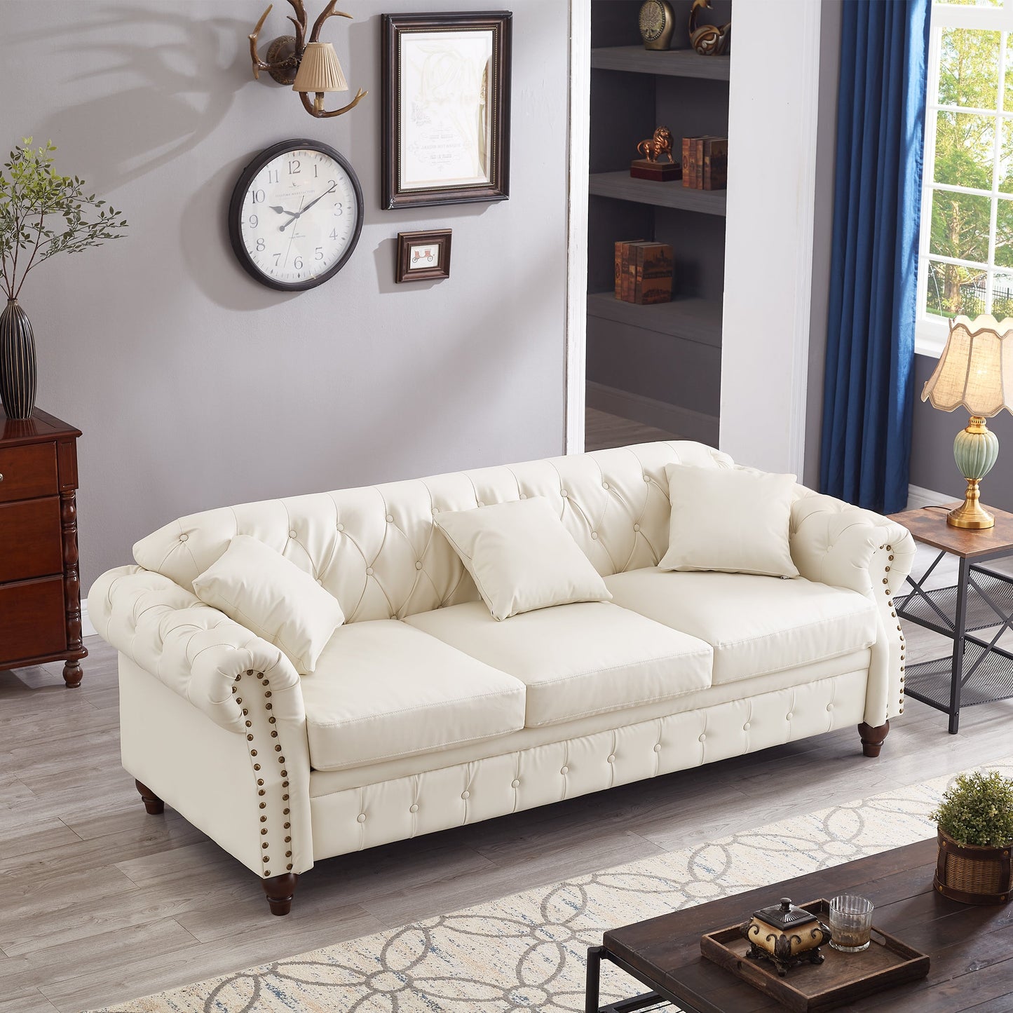 85.8' Living Room Chesterfield Sofa Classic Tufted Design Faux Leather PU Upholstered Sofa With Storage (Ivory)