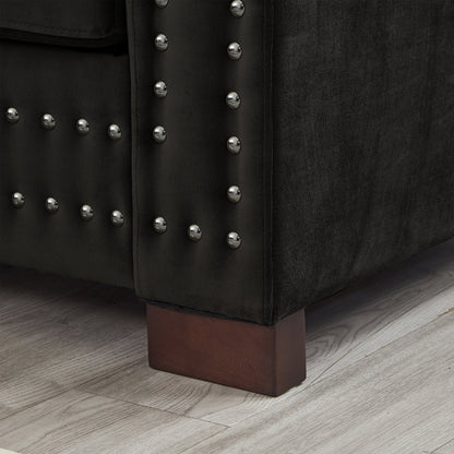 Modern Design Living Room Sofa Square Armrest With Silver Nails Decoration Upholstered Velvet Couch Black