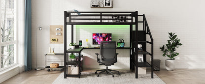 Metal Full Loft Bed With Wardrobe and LED Light, Full Size Loft Bed With L Shaped Desk and USB for Kids Teens Adults, Bl