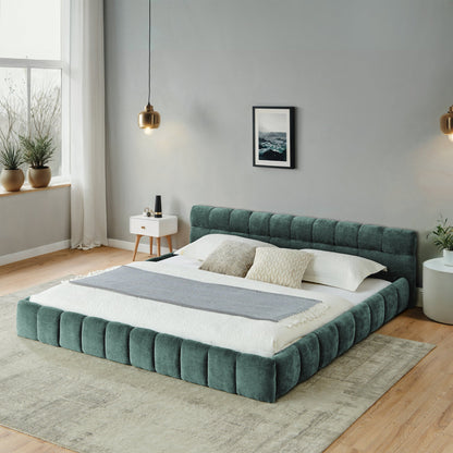 California King Size Upholstered Bed Frame With Thick Fabric, Chenille Fabric Grounded Queen Size Platform Bed With Head