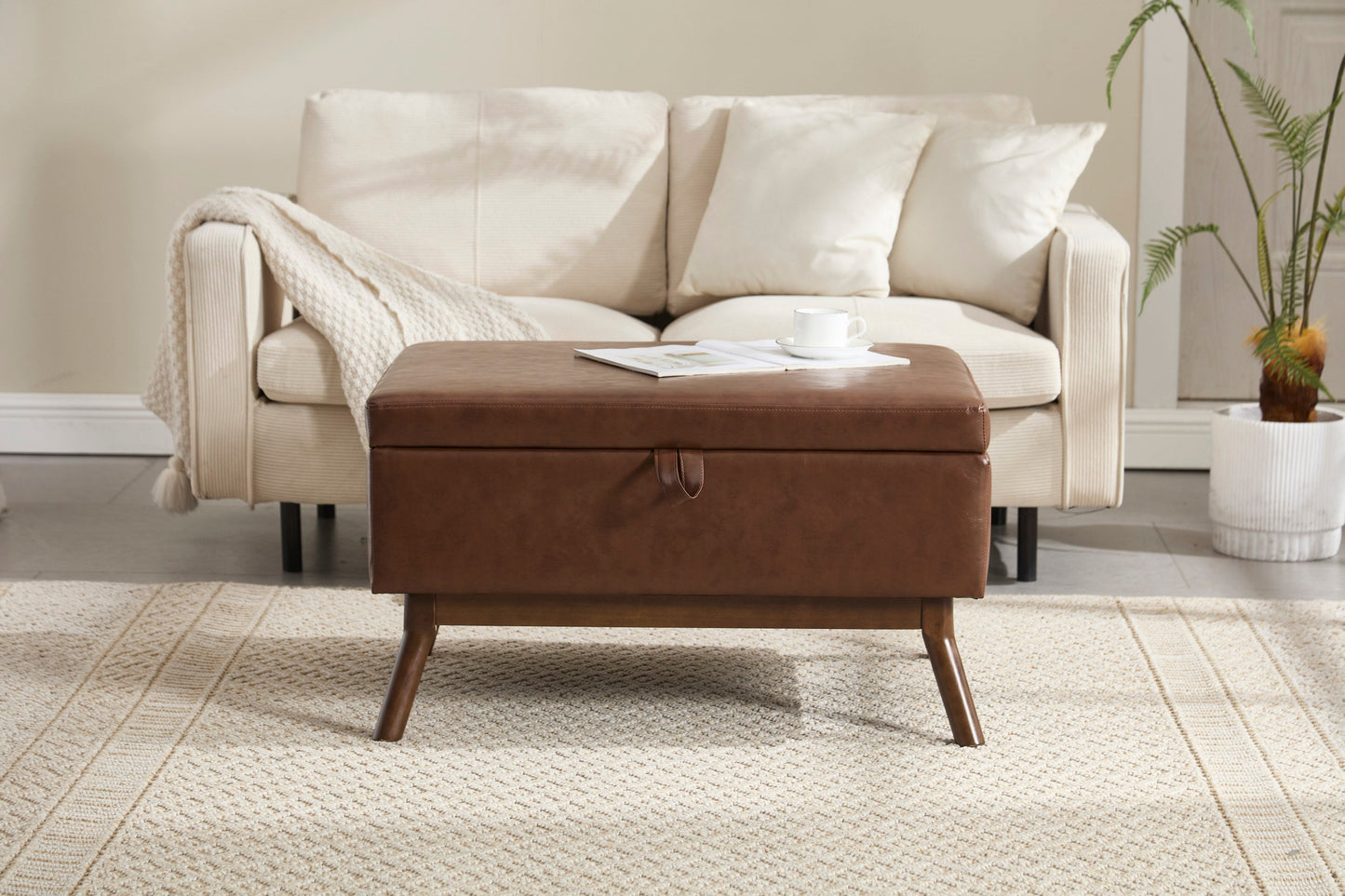 Mid-Century Modern Square Coffee Table Storage Bench, Assembled, Suitable for Living Room, Entryway and Family Room, Use