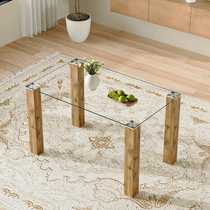 A 49.6 * 30 Inch Transparent Tempered Glass Dining Table With Rectangular Wood Color MDF Wood Grain Legs, Combining Simp