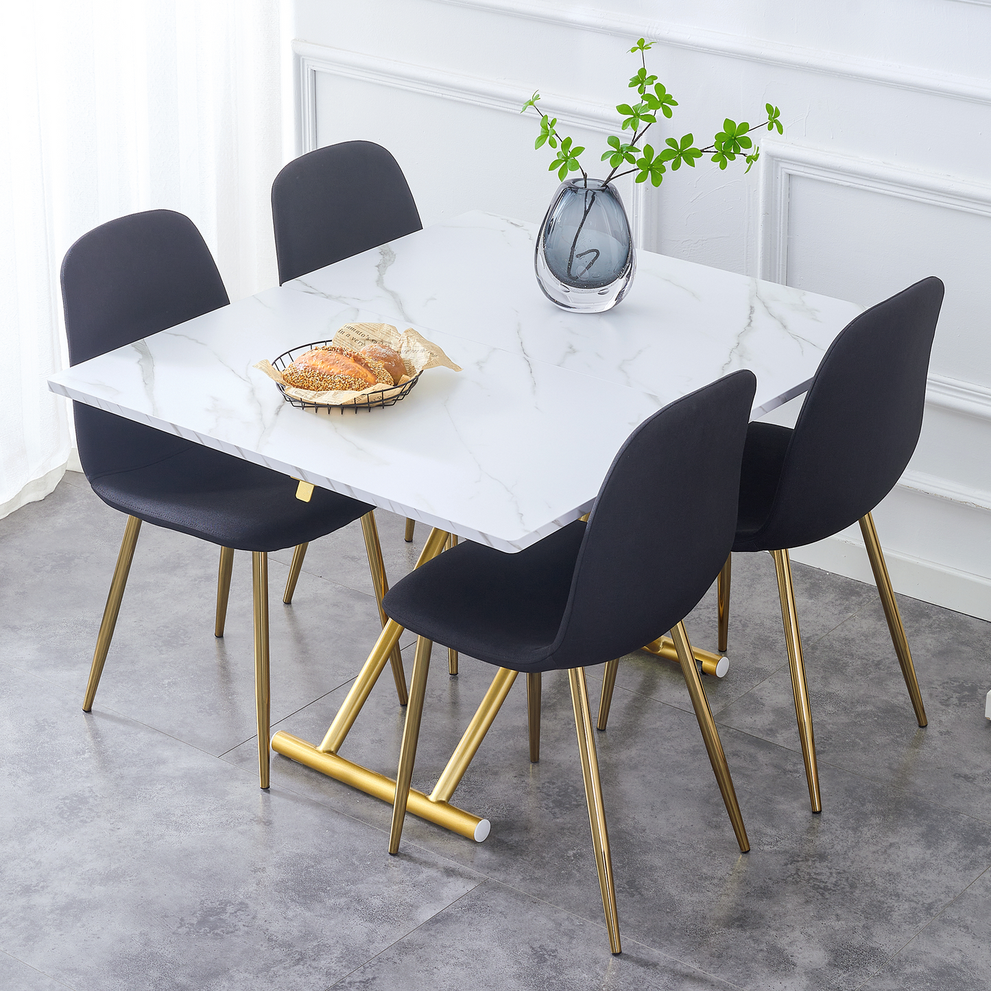 Table and Chair Set. Modern Multifunctional Lifting Platform, White Textured Sticker MDF Desktop, Gold Metal Legs. Paire