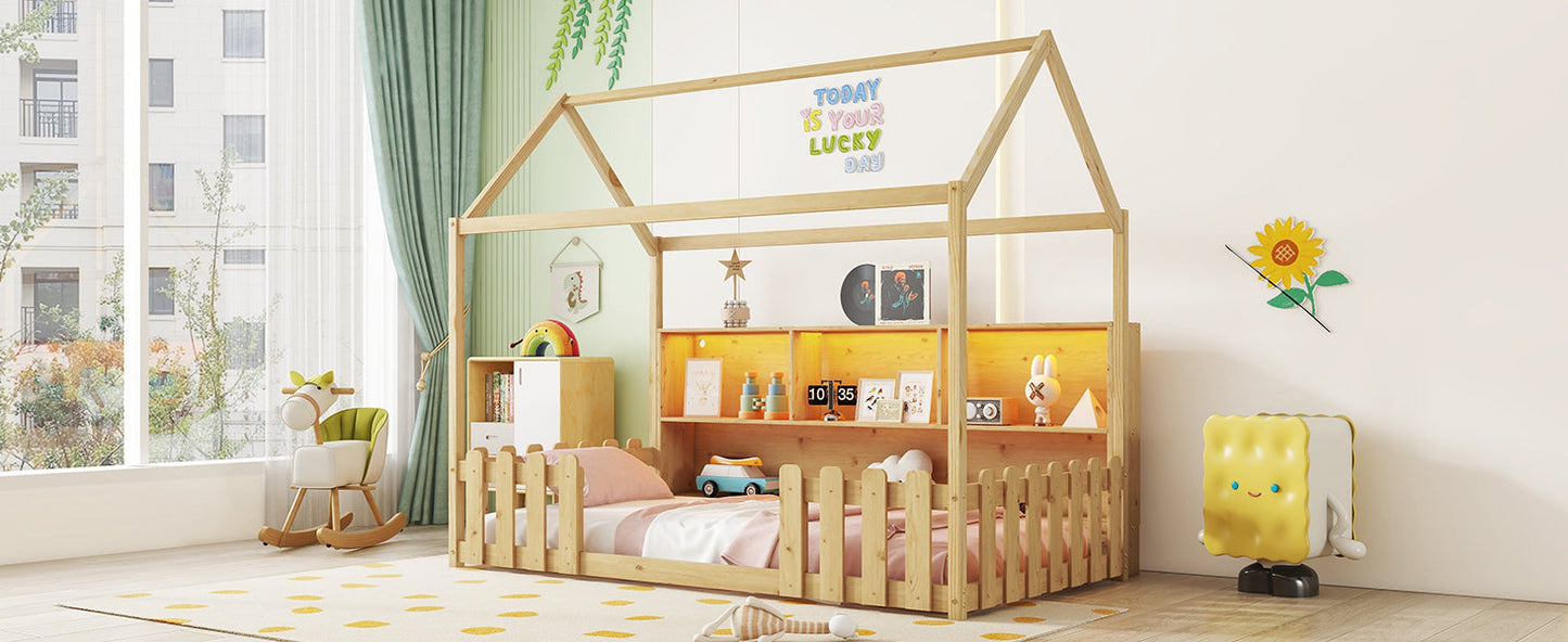 Twin Size House Bed With LED Light, Wood House Bed With Storage Bookshelf, Floor House Bed With Guardrails for Kids, Nat