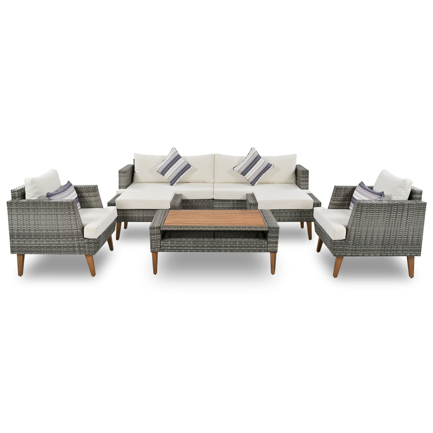 6-Pieces All Weather PE Wicker Sofa Set, Outdoor Rattan Sofa With Double Cushions, Wood Legs Wood Table Top, Beige and G