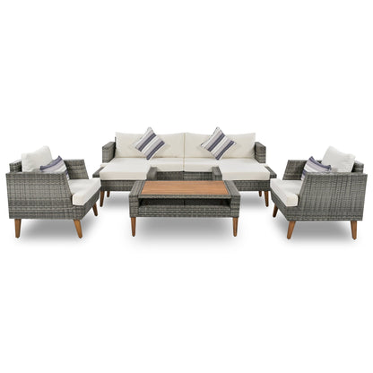 6-Pieces All Weather PE Wicker Sofa Set, Outdoor Rattan Sofa With Double Cushions, Wood Legs Wood Table Top, Beige and G