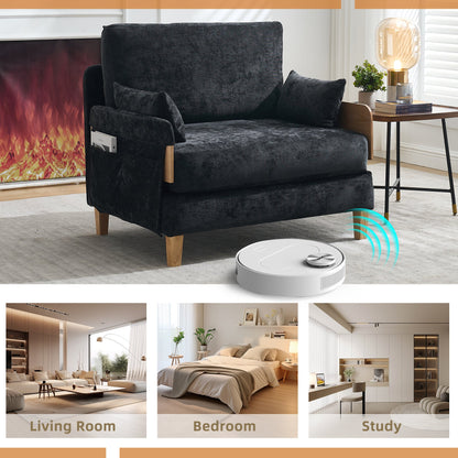 Mid-Century Modern Foldable Sofa Bed Recliner, 3-In-1 Convertible Sleeper With Three Pillows, Black Chenille for Small S