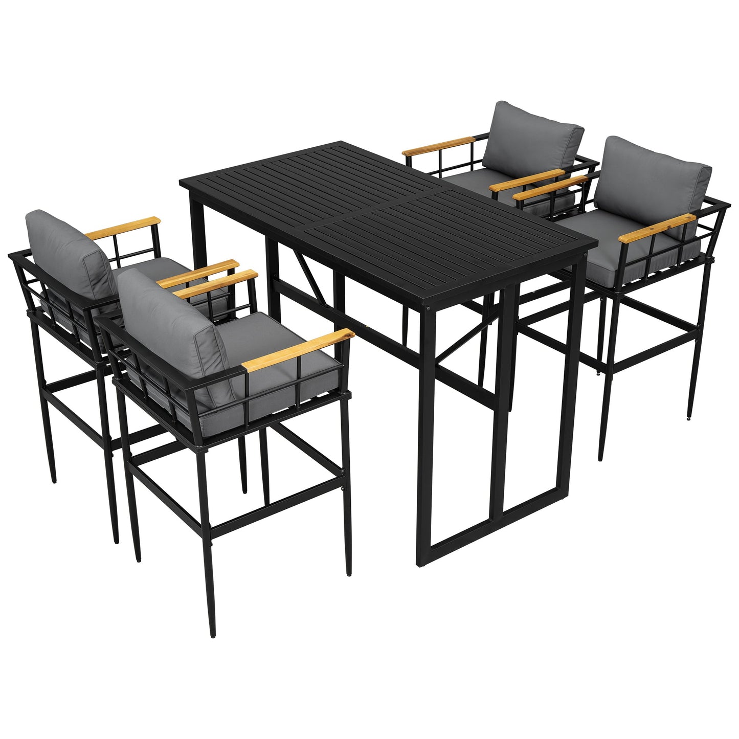 Iron Outdoor Dining Set With Acacia Wood Armrest Suitable for Patio, Balcony or Backyard