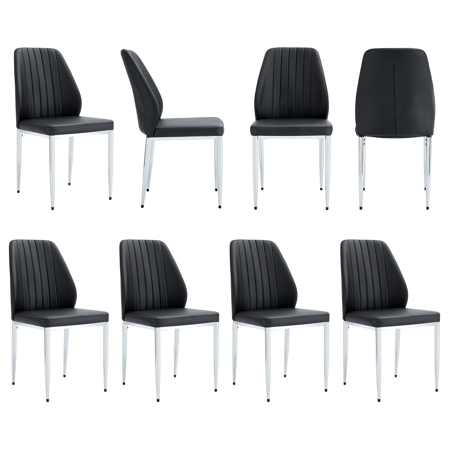 Set of 8 Black PU Comfort Dining Chairs With Extended Backrest and Silver Metal Legs
