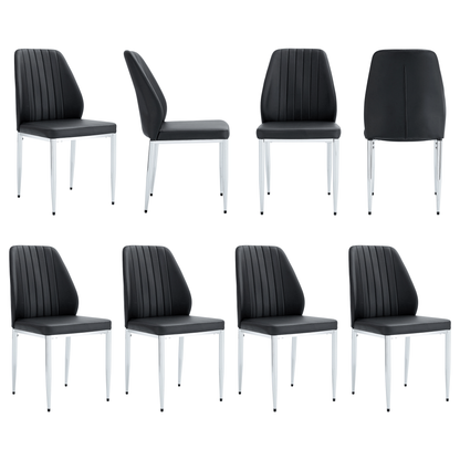 Set of 8 Black PU Comfort Dining Chairs With Extended Backrest and Silver Metal Legs