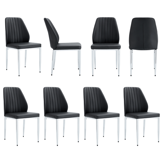 Set of 8 Black PU Comfort Dining Chairs With Extended Backrest and Silver Metal Legs