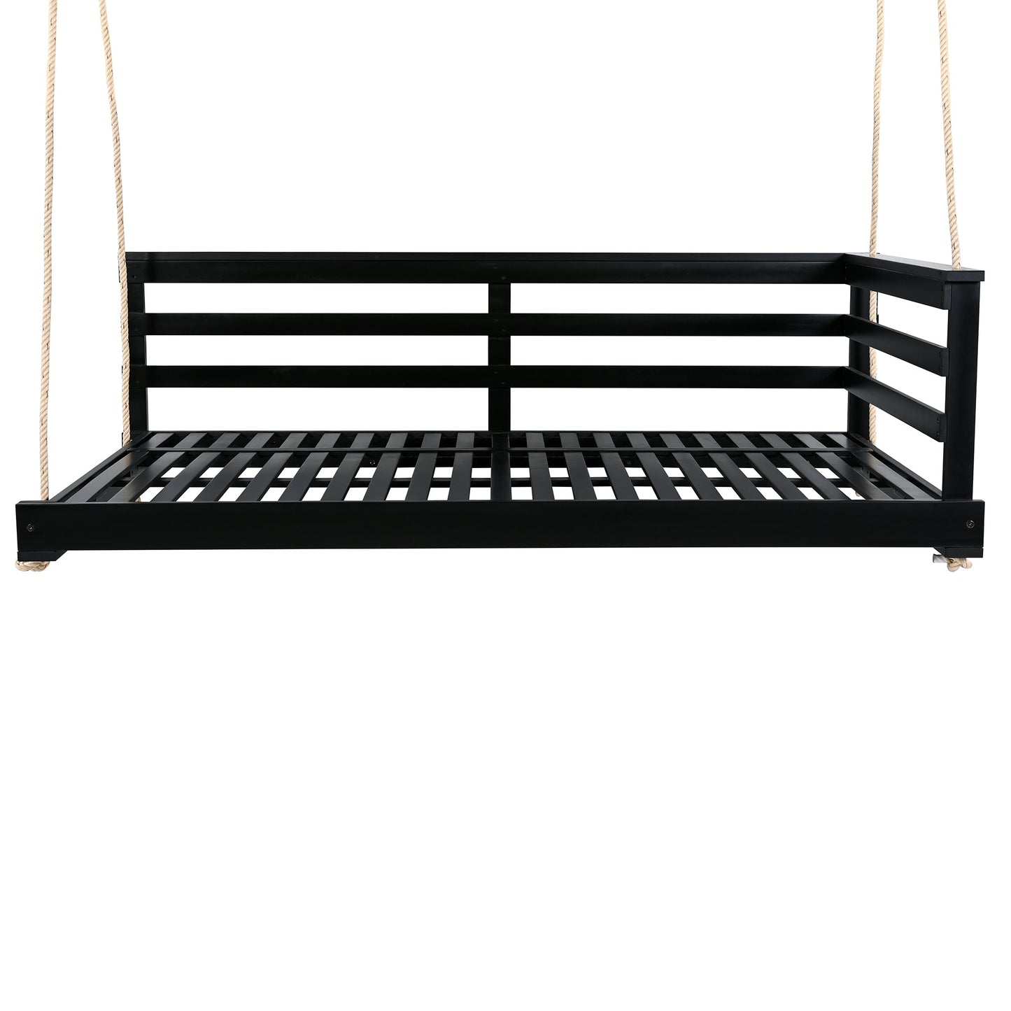 Country Patio Wooden Twin Size Swing Daybed Porch Swing Frame With 4pcs 96-Inch Hemp Ropes for Backyard, Garden, Black
