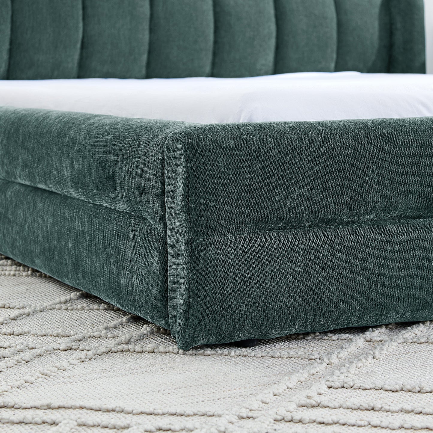 Modern Queen Size Upholstered Bed Frame With Chenille Fabric and Headboard in Blue-Green