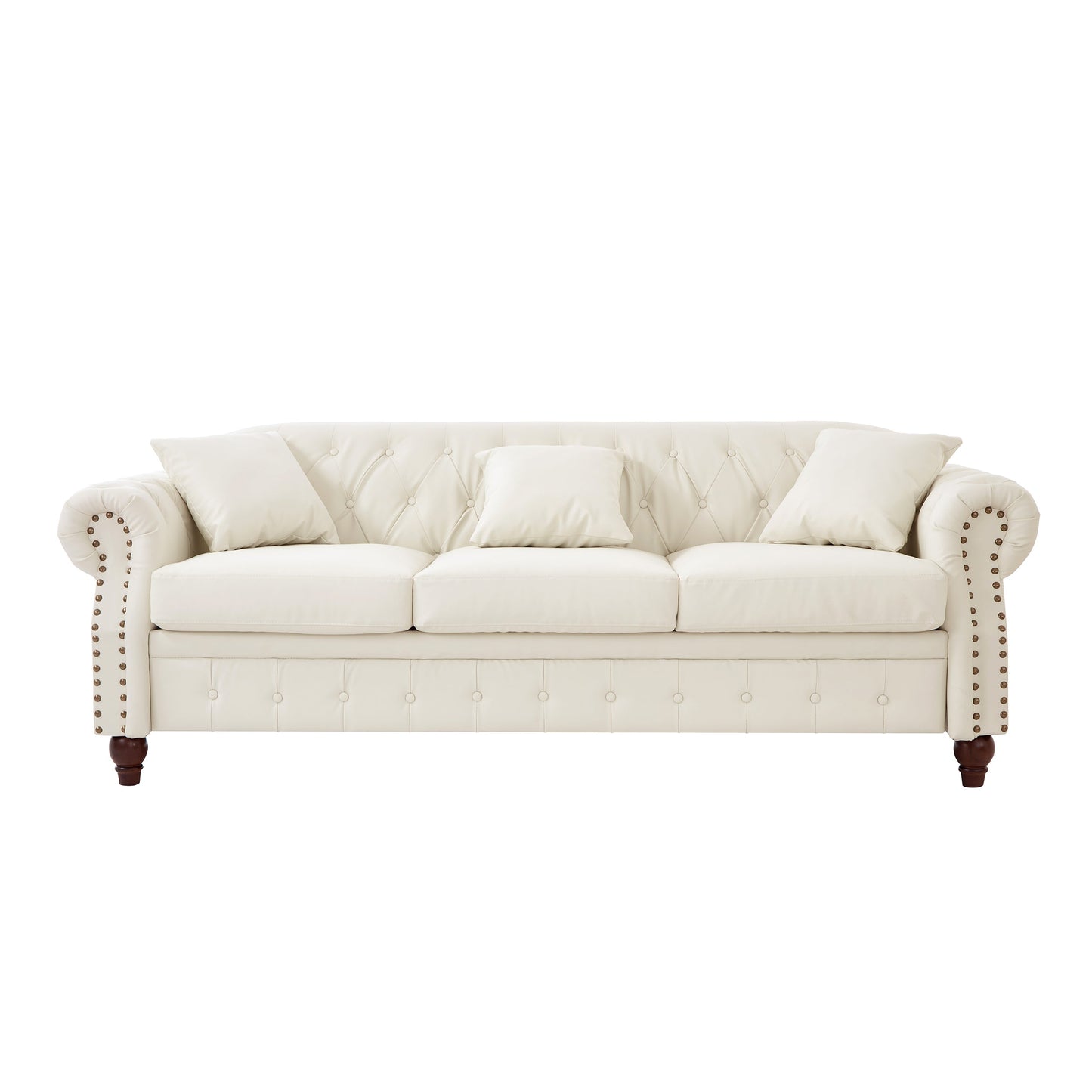 85.8' Living Room Chesterfield Sofa Classic Tufted Design Faux Leather PU Upholstered Sofa With Storage (Ivory)