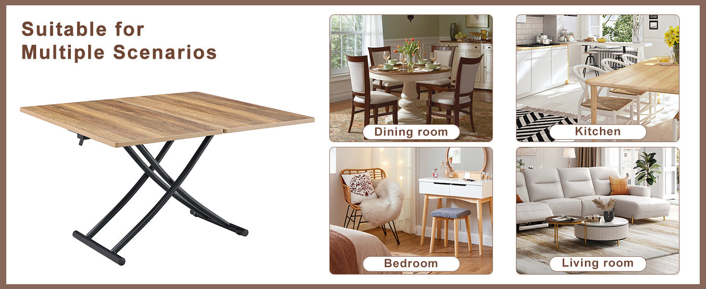 Table and Chair set.Modern Multifunctional Lifting Platform,Natural Wood Grain Sticker MDF Desktop, Black Metal Legs.Pai