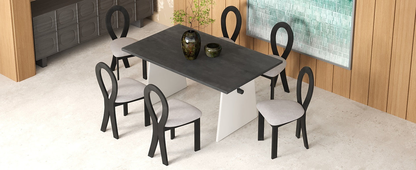 Modern 7-Piece Dining Table Set With Trestle Dining Table and 6 Upholstered Dining Chairs, Compact Kitchen Table Set For