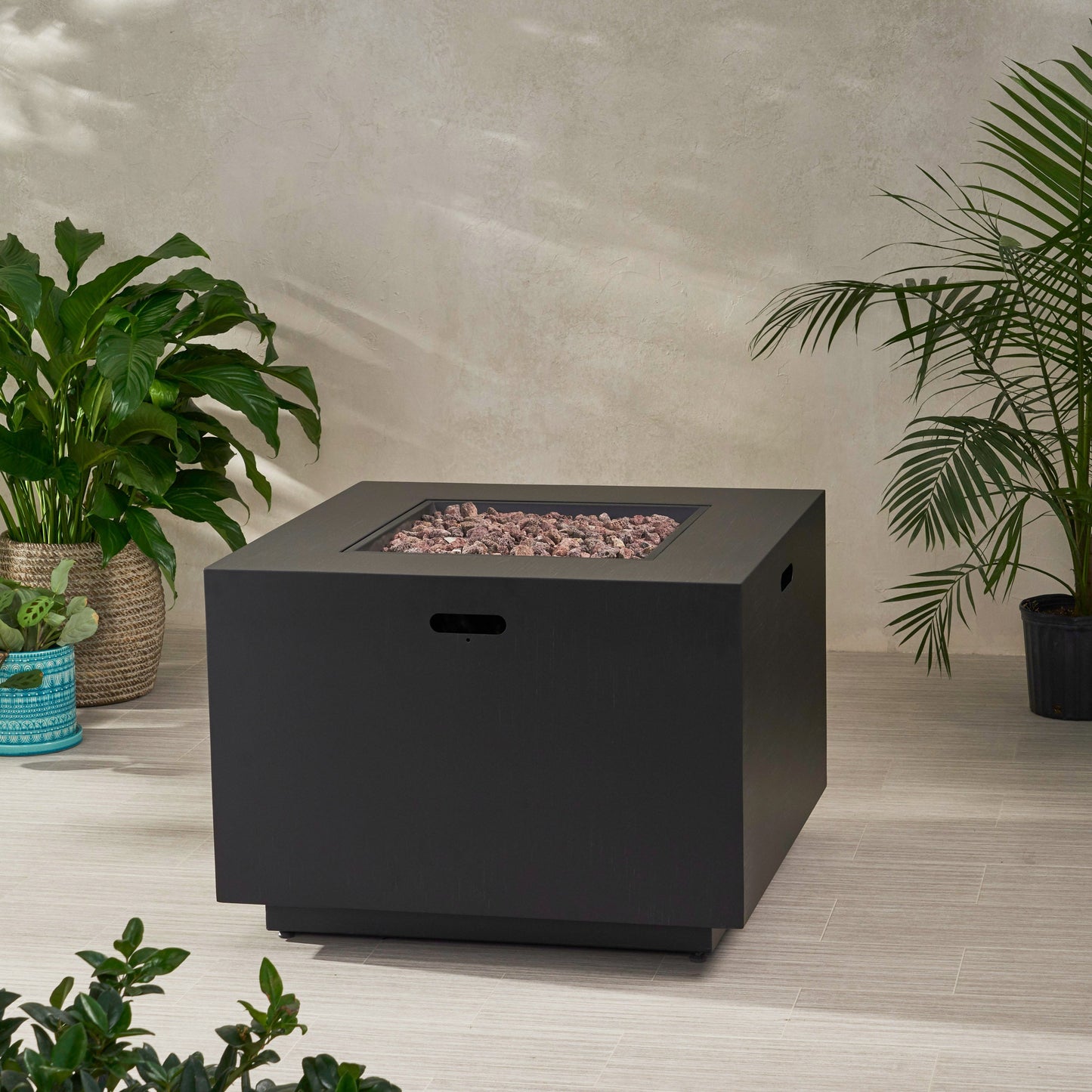 Outdoor Patio Propane Fire Pit 24'' H X 33'' W Square Iron Gas-Burning Fire Pit - 50,000 BTU, Tank in Side, Dark Grey