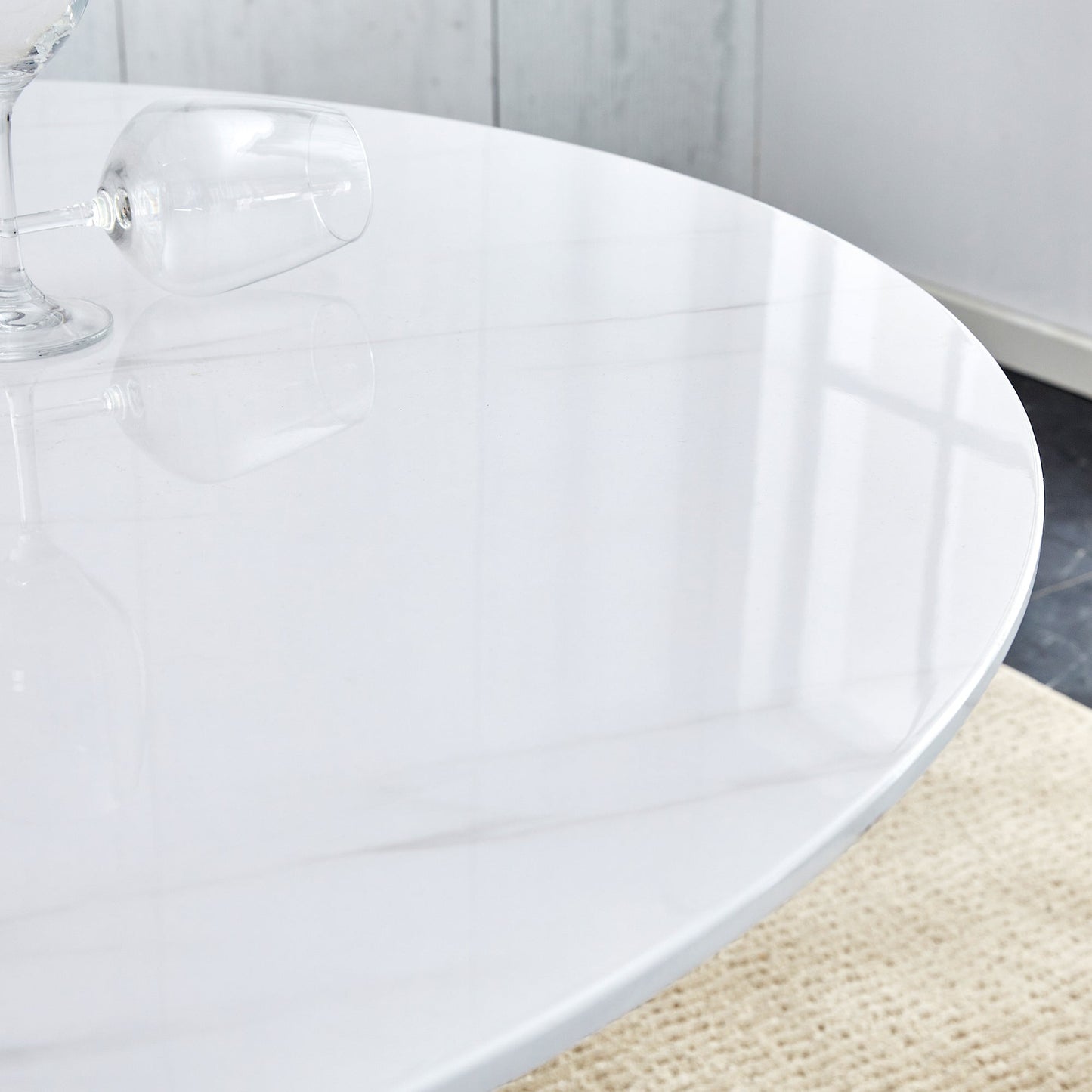 Modern Minimalist White Patterned Circular Dining Table and Coffee Table. MDF Desktop, Diameter 42 Inches, Stainless Ste