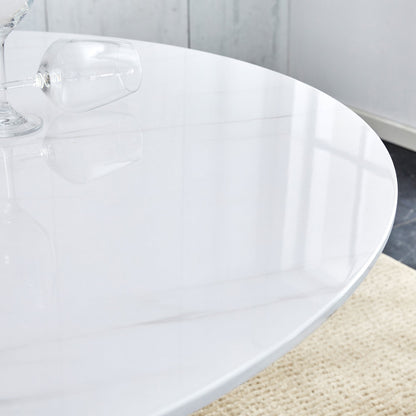 Modern Minimalist White Patterned Circular Dining Table and Coffee Table. MDF Desktop, Diameter 42 Inches, Stainless Ste