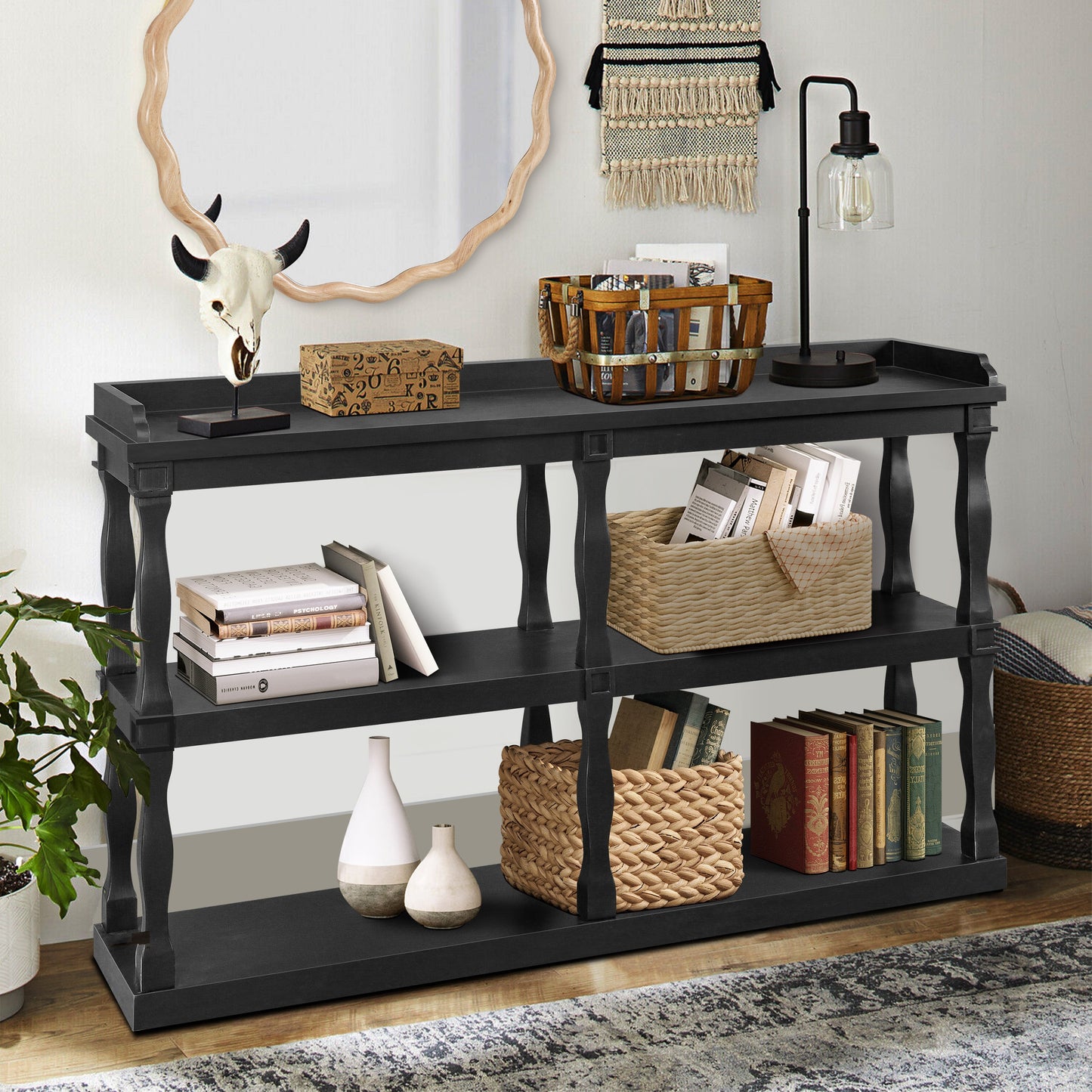 Console Table With 3-Tier Open Storage Spaces and Roman Column Effect Support Legs,Narrow Sofa Entry Table for Living Ro