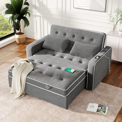 61.4' Upholstered Sleeper Bed, Pull Out Sofa Bed Couch Attached Two Throw Pillows, Dual USB Charging Port and Adjustable