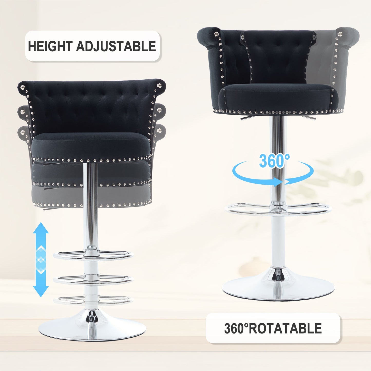 Velvet Bar Stool Set of 2, Adjustable Swivel Bar Stools With Silver Plated Metal Leg, Chrome Nailhead, Counter Height Ch