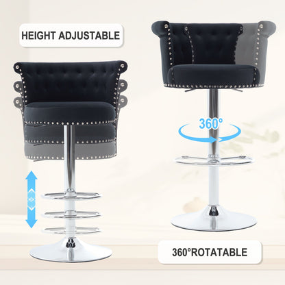 Velvet Bar Stool Set of 2, Adjustable Swivel Bar Stools With Silver Plated Metal Leg, Chrome Nailhead, Counter Height Ch