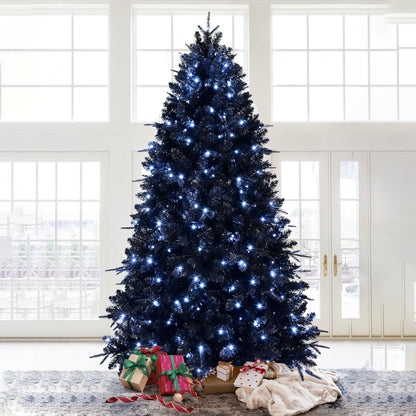 7ft Black Christmas Tree With 450 White LED Lights, 1916 Tips PE+PVC Artificial Tree for Halloween & Holiday Decor, Hing