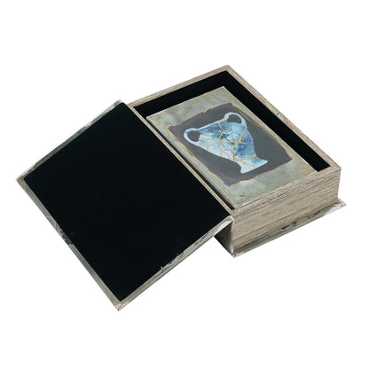 Set of 2 Decorative Book Boxes With Blue and Gold Vase Motifs, L:7x3x10.5' S:5x2x8.3'