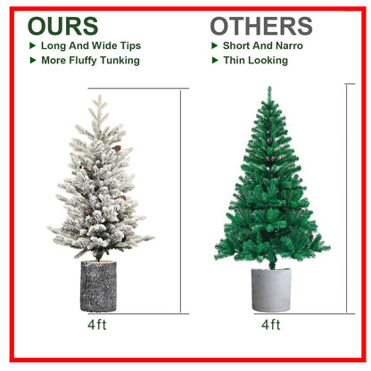 2FT Flocked Christmas Tree With Pot Base, 30 Warm White LED Lights, 189 Tips, PE+PVC Branches With 3 Pine Cones – Small