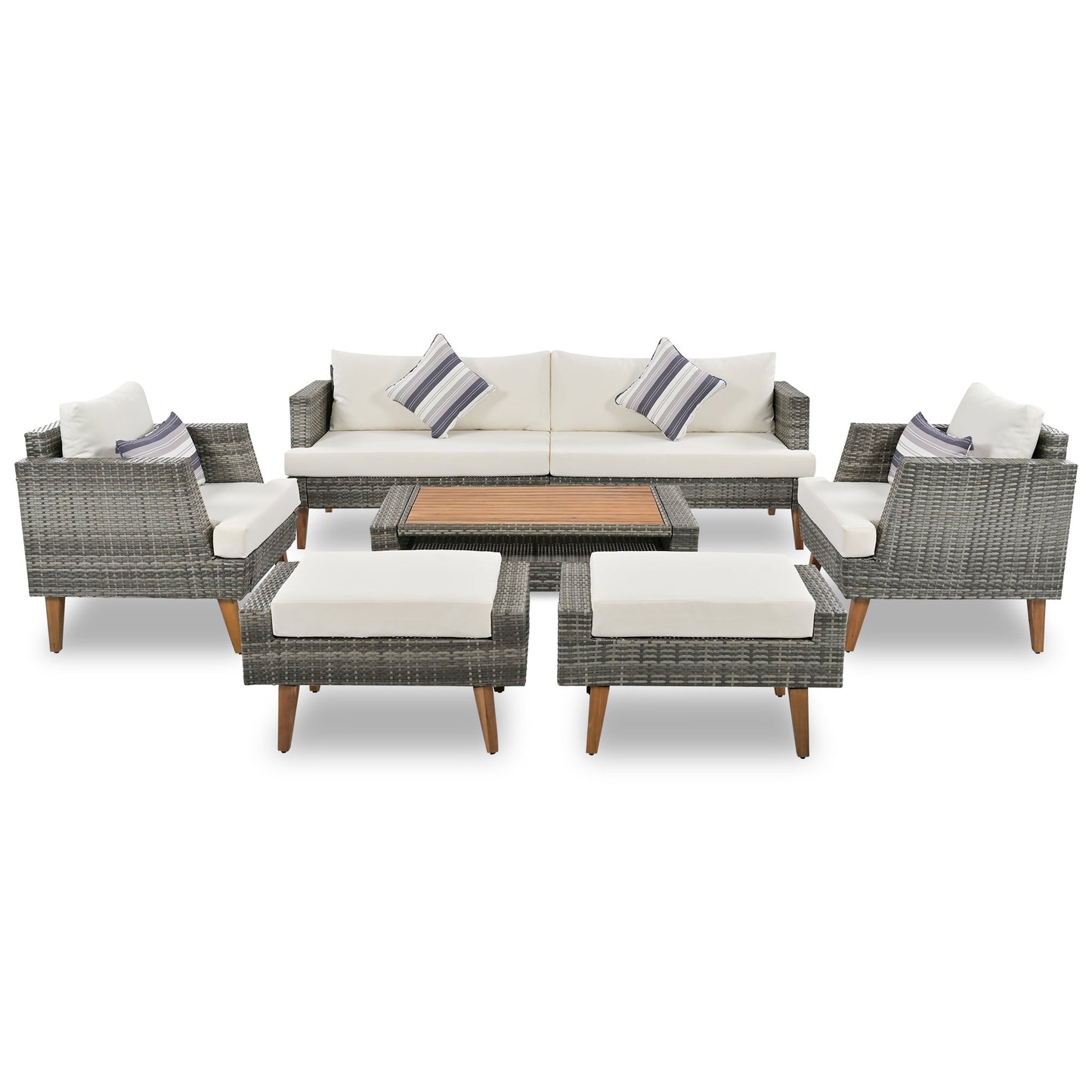 6-Pieces All Weather PE Wicker Sofa Set, Outdoor Rattan Sofa With Double Cushions, Wood Legs Wood Table Top, Beige and G