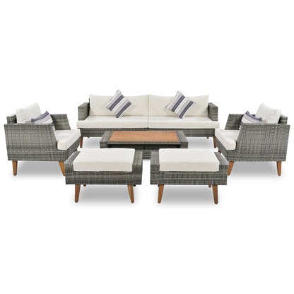 6-Pieces All Weather PE Wicker Sofa Set, Outdoor Rattan Sofa With Double Cushions, Wood Legs Wood Table Top, Beige and G