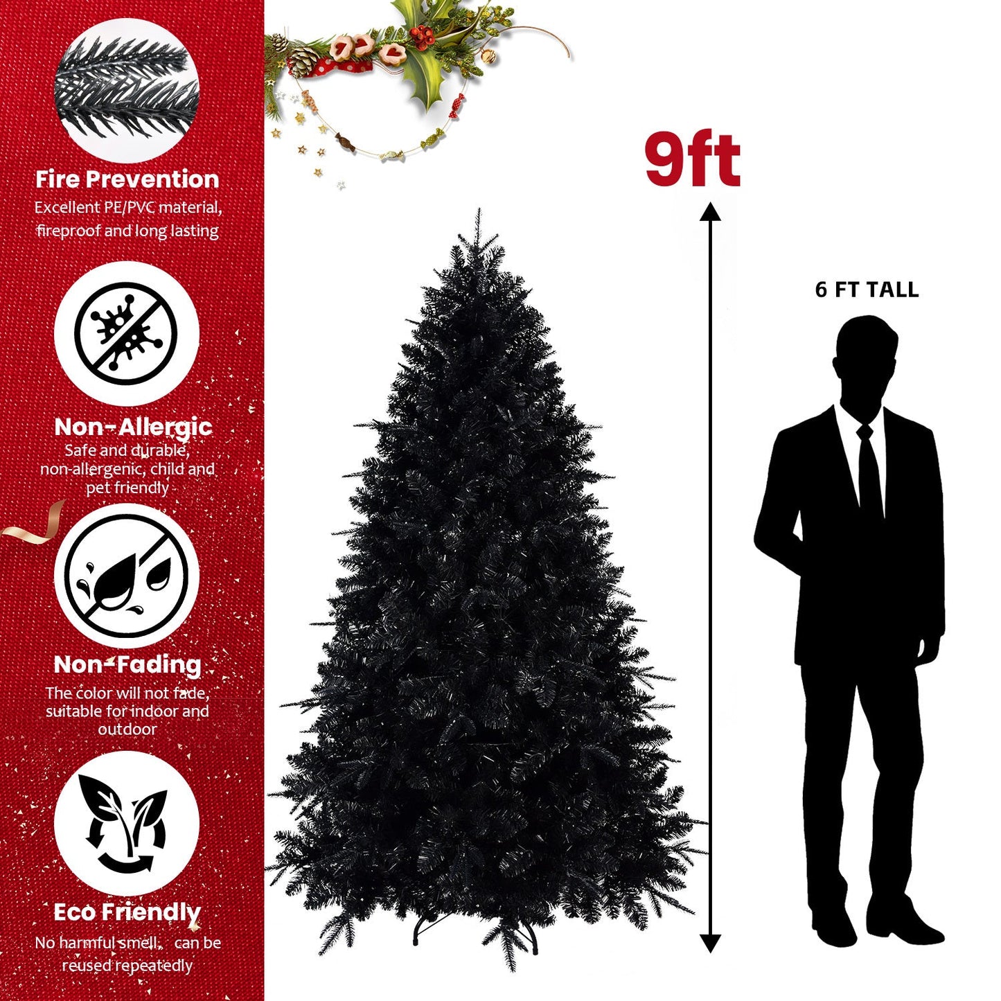 7.5ft Black Christmas Tree With 500 White LED Lights, 2156 Tips PE+PVC Artificial Tree for Halloween & Holiday Decor, Hi