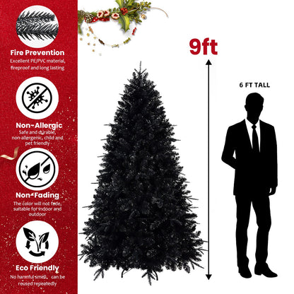 7.5ft Black Christmas Tree With 500 White LED Lights, 2156 Tips PE+PVC Artificial Tree for Halloween & Holiday Decor, Hi