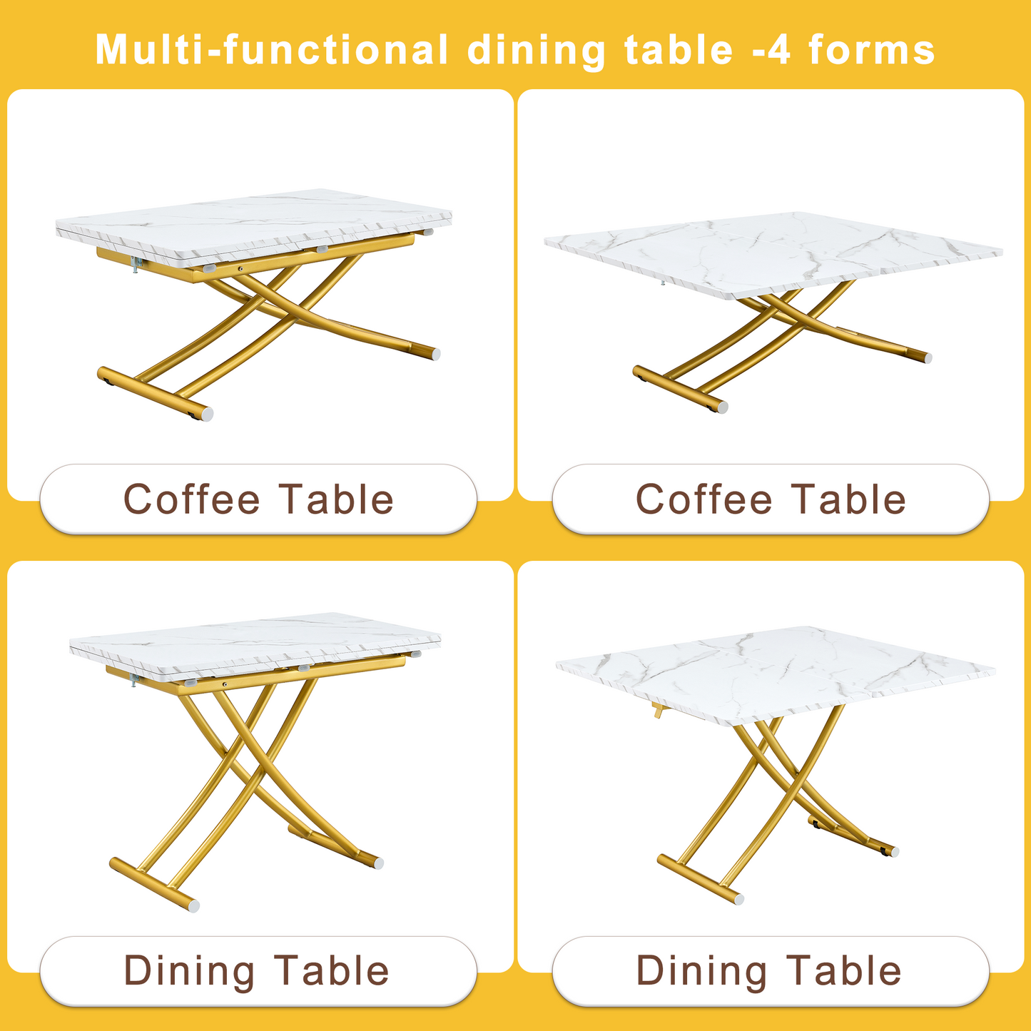Table and Chair Set. Modern Multifunctional Lifting Platform, White Textured Sticker MDF Desktop, Gold Metal Legs. Paire