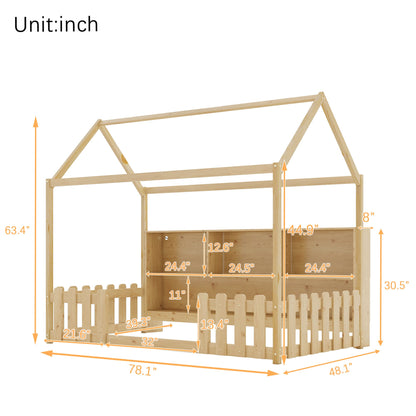 Twin Size House Bed With LED Light, Wood House Bed With Storage Bookshelf, Floor House Bed With Guardrails for Kids, Nat