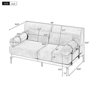 Modern Loveseat Sofa 59' Couch With Flexible USB Ports, Unique Cylindrical Armrests, Beige Chenille
