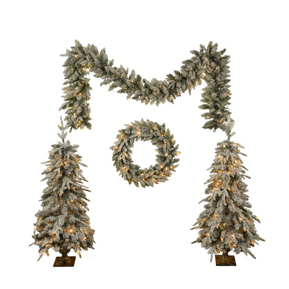 Pre-Lit Christmas Artificial Tree 4-Piece Set, Garland, Wreath and Set of 2 Entrance Trees, X-Mas With LED Lights, PVC F