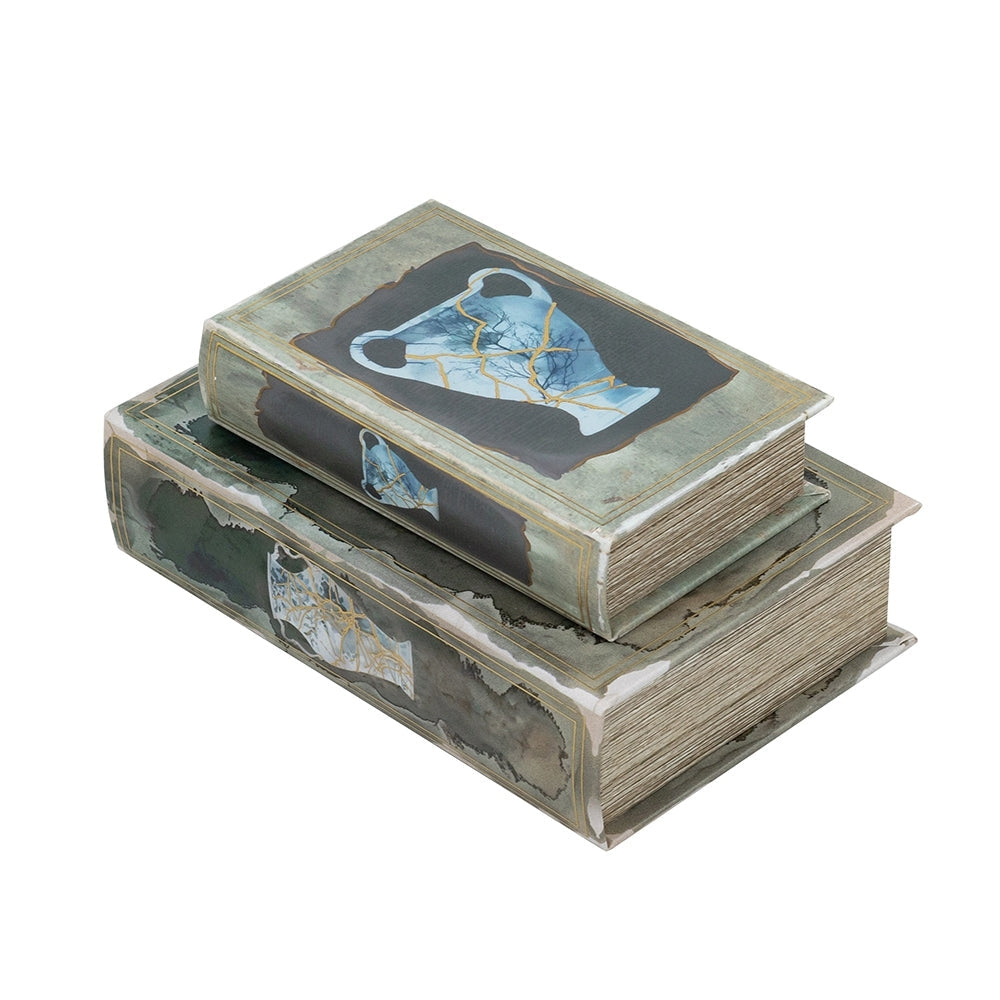Set of 2 Decorative Book Boxes With Blue and Gold Vase Motifs, L:7x3x10.5' S:5x2x8.3'