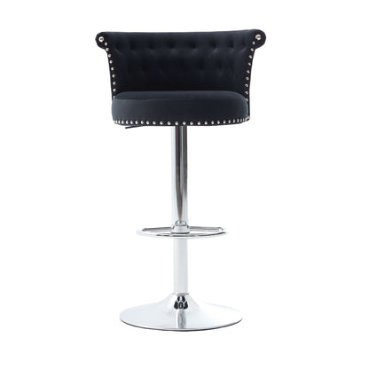 Velvet Bar Stool Set of 2, Adjustable Swivel Bar Stools With Silver Plated Metal Leg, Chrome Nailhead, Counter Height Ch
