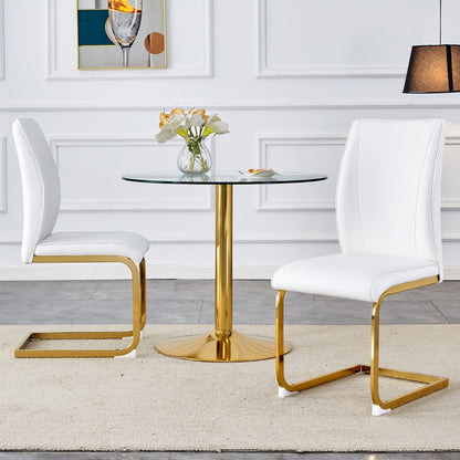 Luxury Simple Arch Chair Set of 2 - High Resilience Dining Chair With Arched Metal Gold Legs, White PU Material