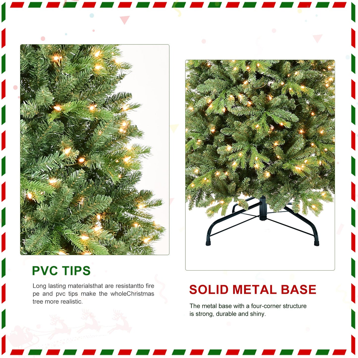 8FT Christmas Tree With 1847 Tips and 600 Warm White LED Lights – PVC+PE Mixed Branches, Hinged Structure for Easy Setup