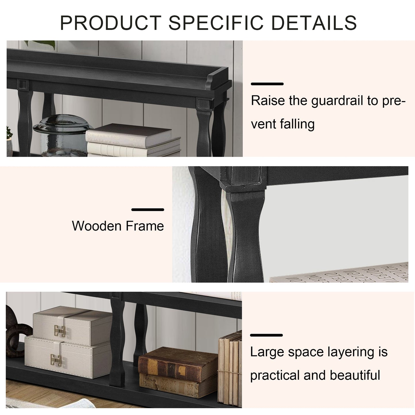 Console Table With 3-Tier Open Storage Spaces and Roman Column Effect Support Legs,Narrow Sofa Entry Table for Living Ro