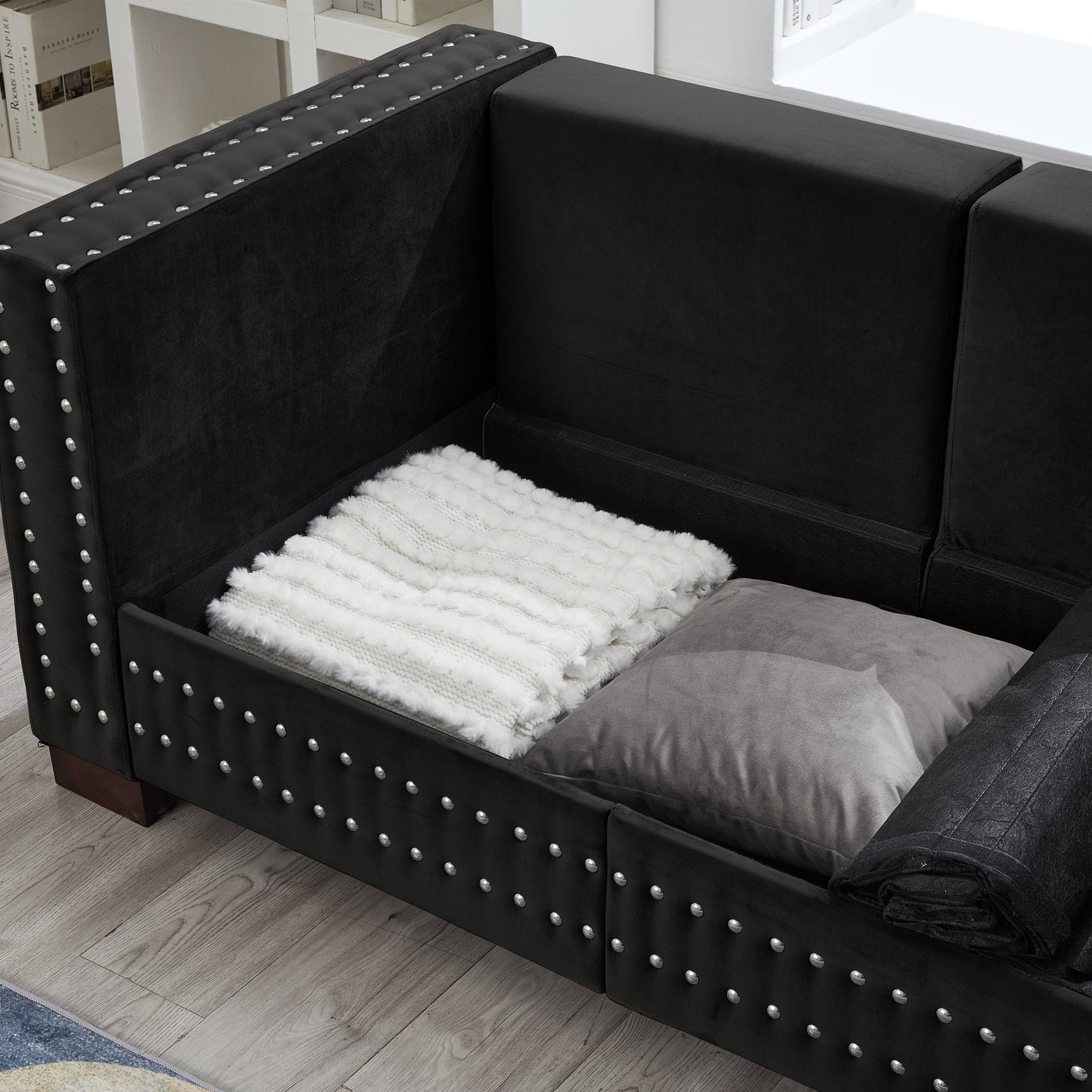 Modern Design Living Room Sofa Square Armrest With Silver Nails Decoration Upholstered Velvet Couch Black