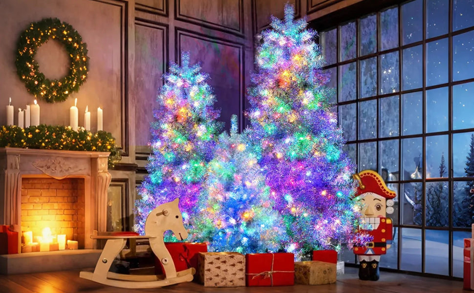 7.4FT, 6FT, 4FT Silver Pre-Lit Artificial Hinged Christmas Tree Set, Holiday Spruce Xmas Tree With 2400 Branch Tips, 850